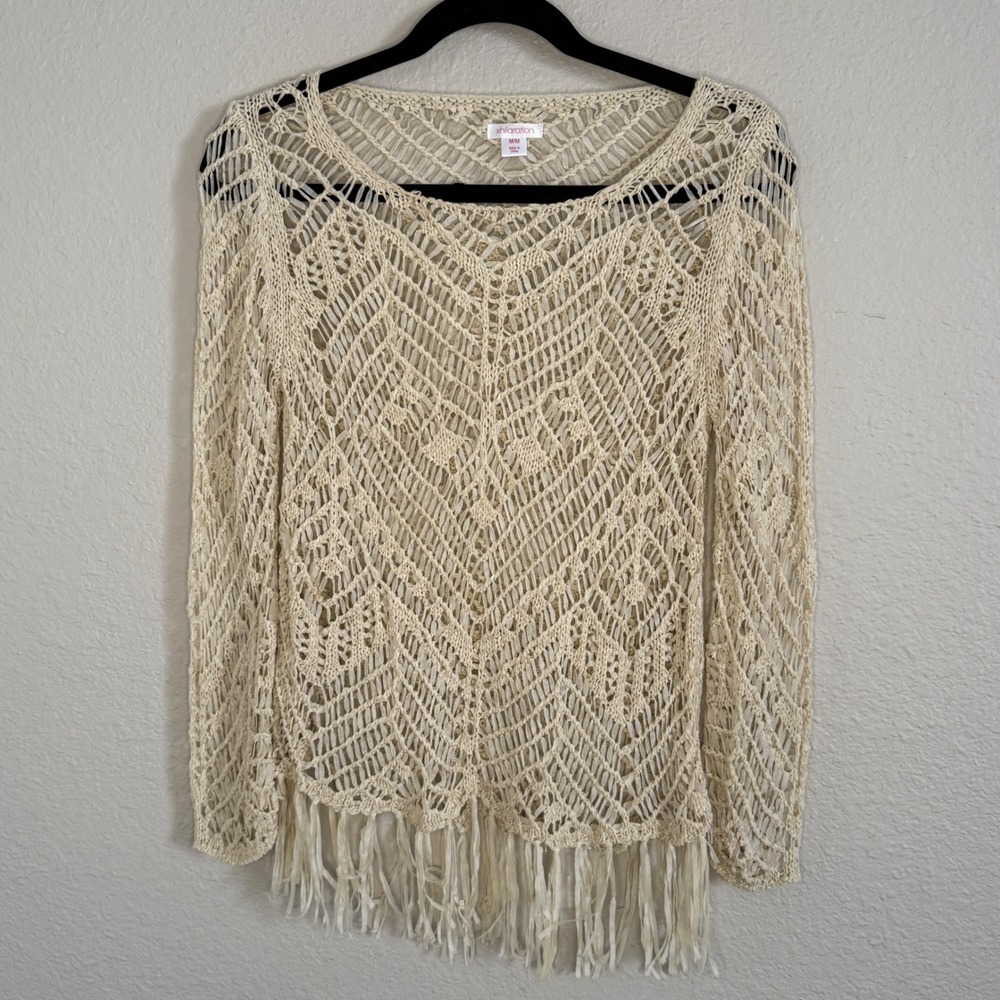 Y2K Womens Medium Beige Boho Fairy Open Crochet Fringe Top Festival Beachy Indie